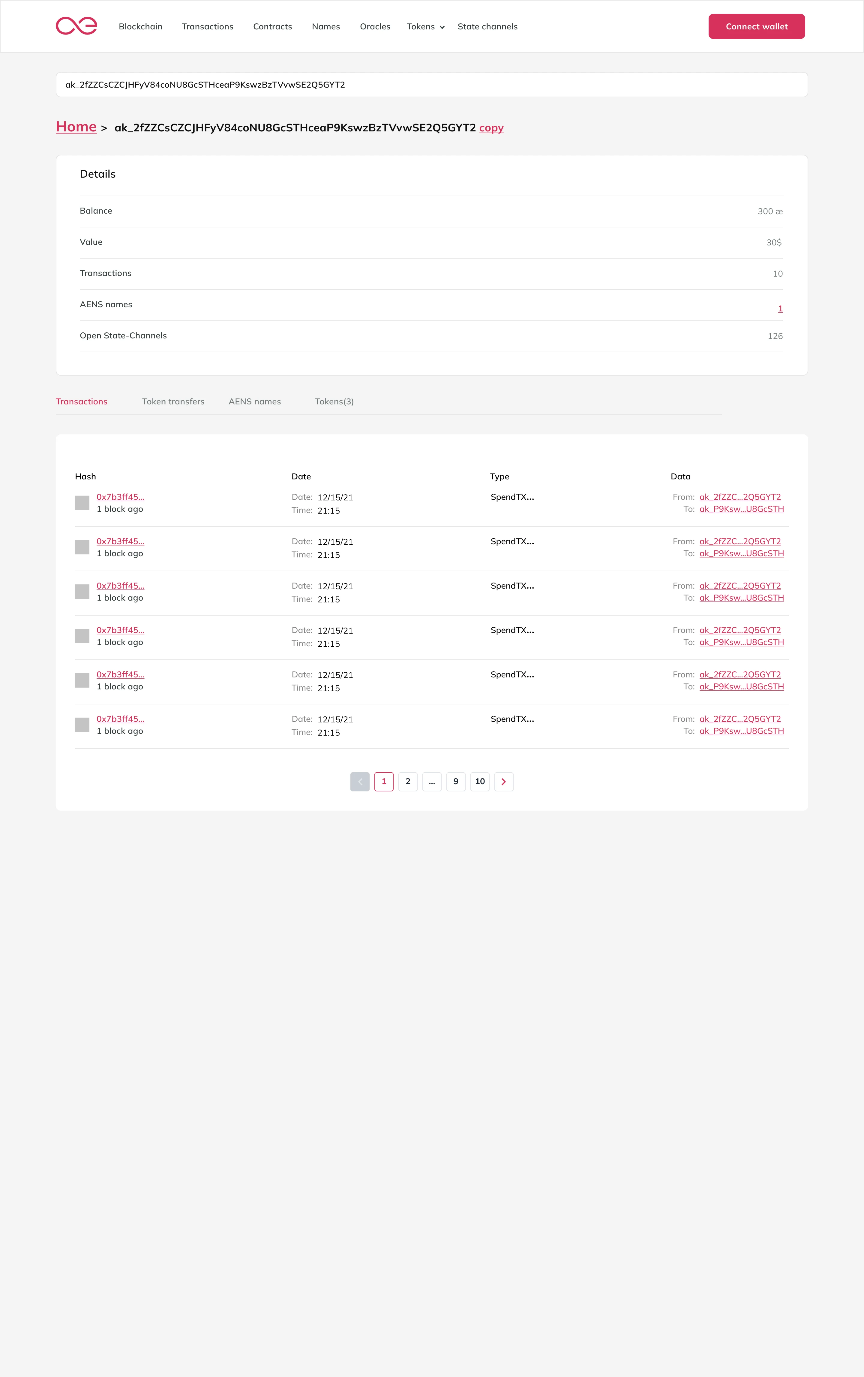 AEscan: account detail with summary card and tabbed sections