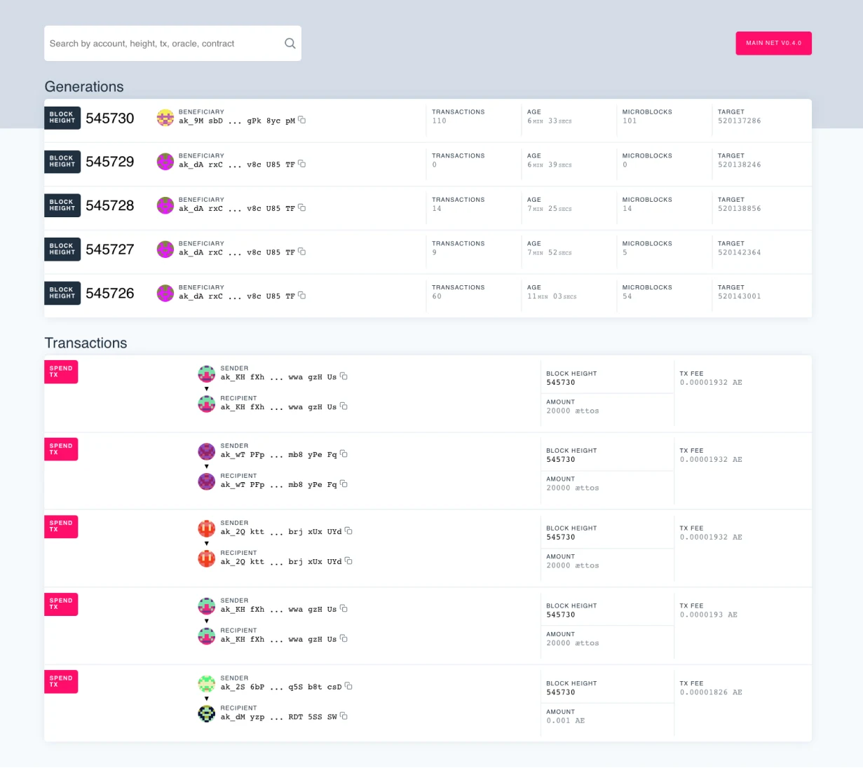 AEscan: dynamic tables listing generations and spend transactions