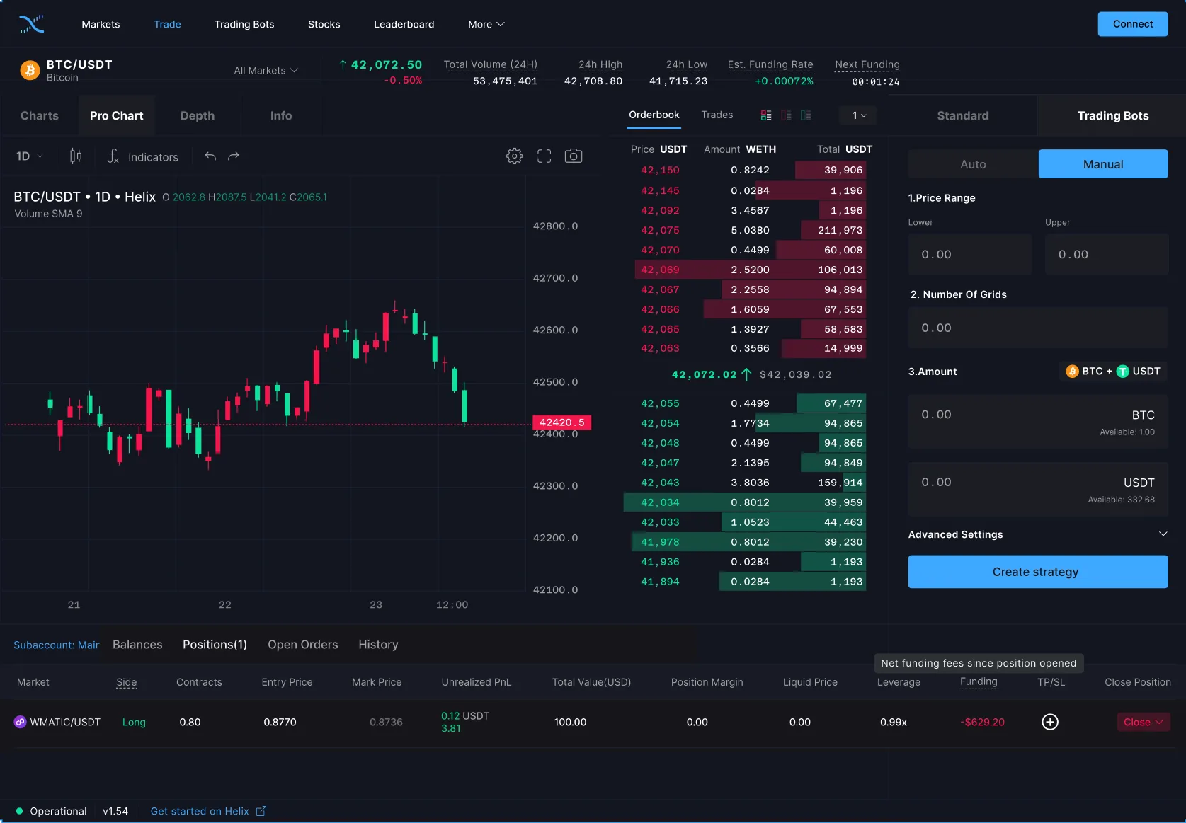 Helix Exchange: trade panel, pro view