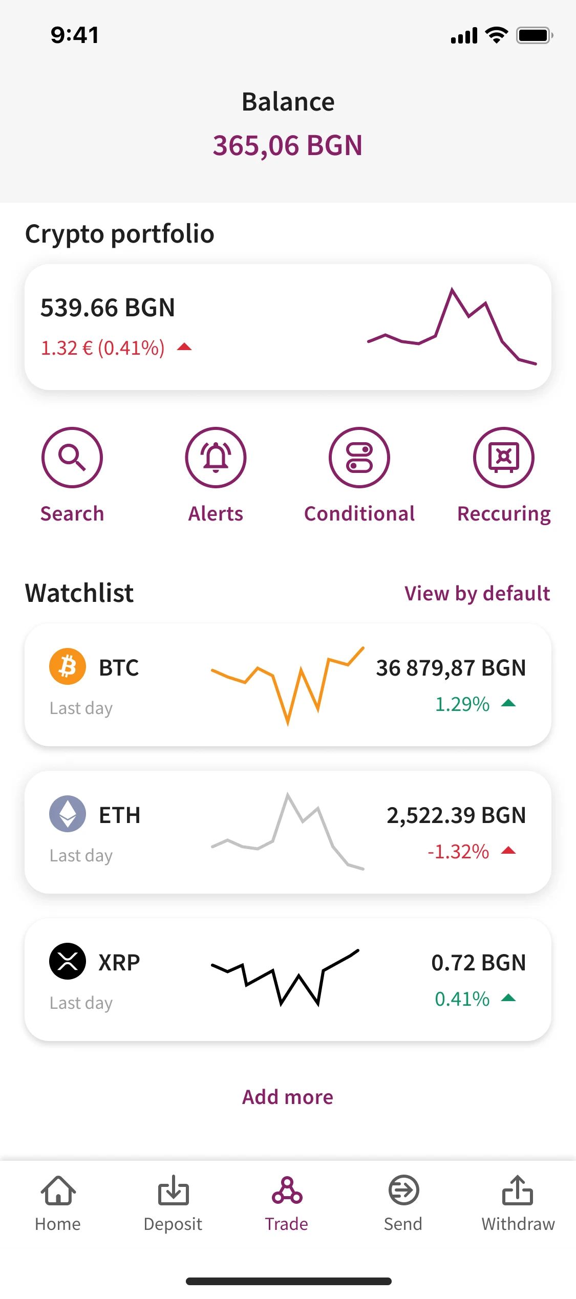 Skrill app home: wallet balance with crypto portfolio and watchlist