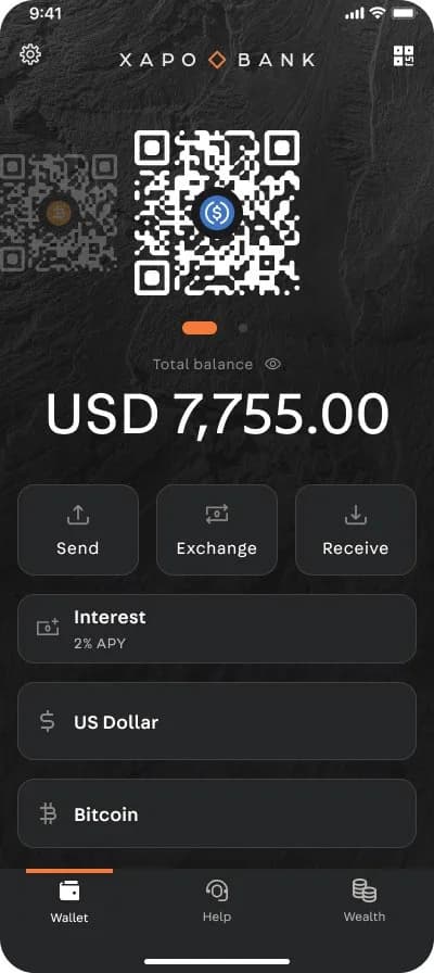 Xapo Wealth: bank home screen with balance and receive QR