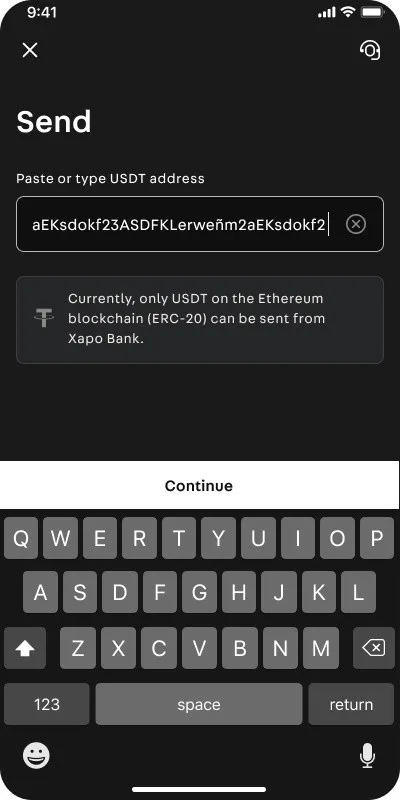 Xapo Wealth: USDT send flow, pasting or typing the recipient address
