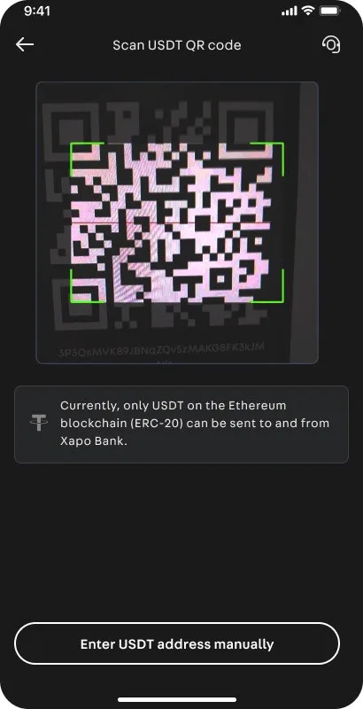Xapo Wealth: USDT send flow, scanning a recipient QR code